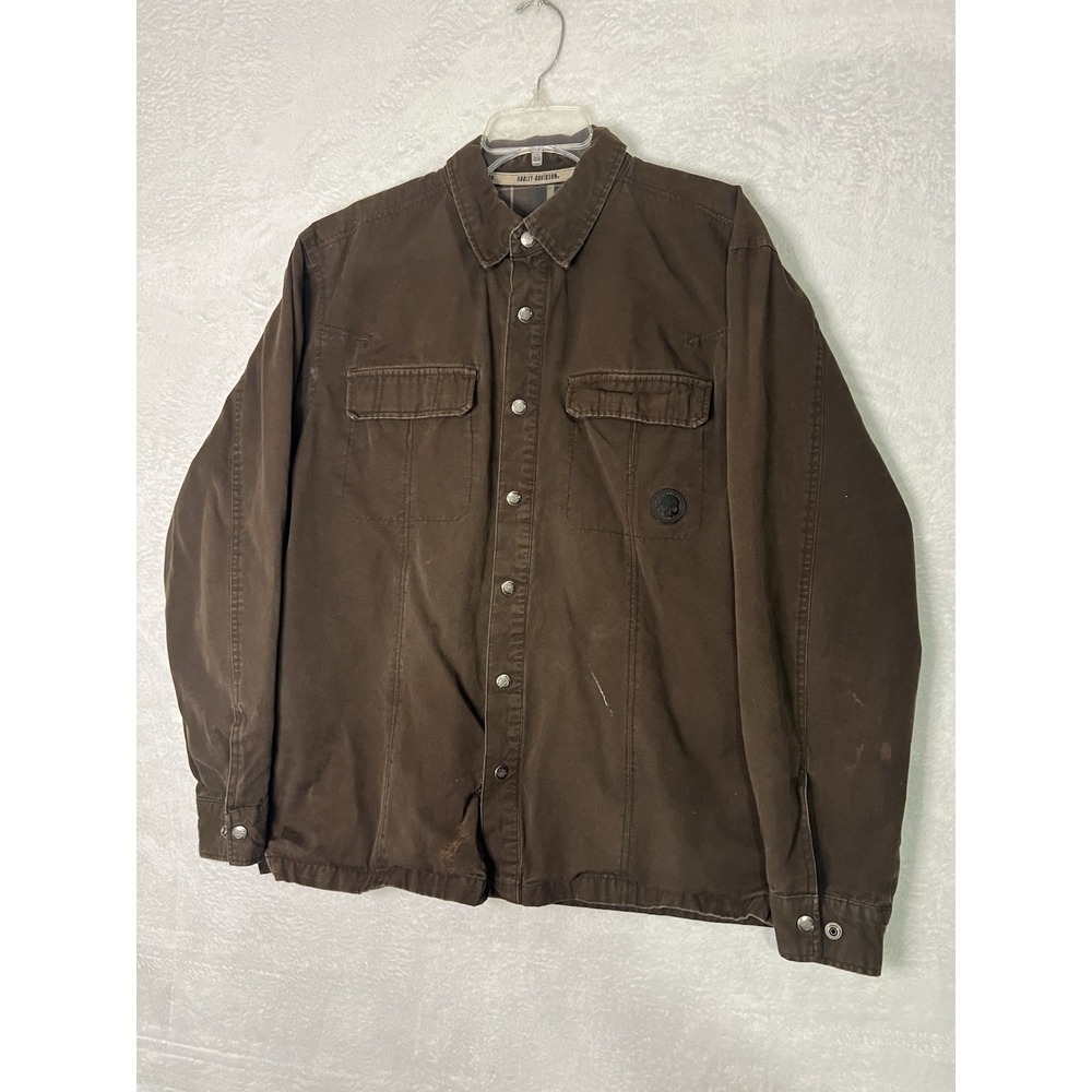 Harley Davidson Brown Canvas Work Jacket Skull Logo Mens L Distressed